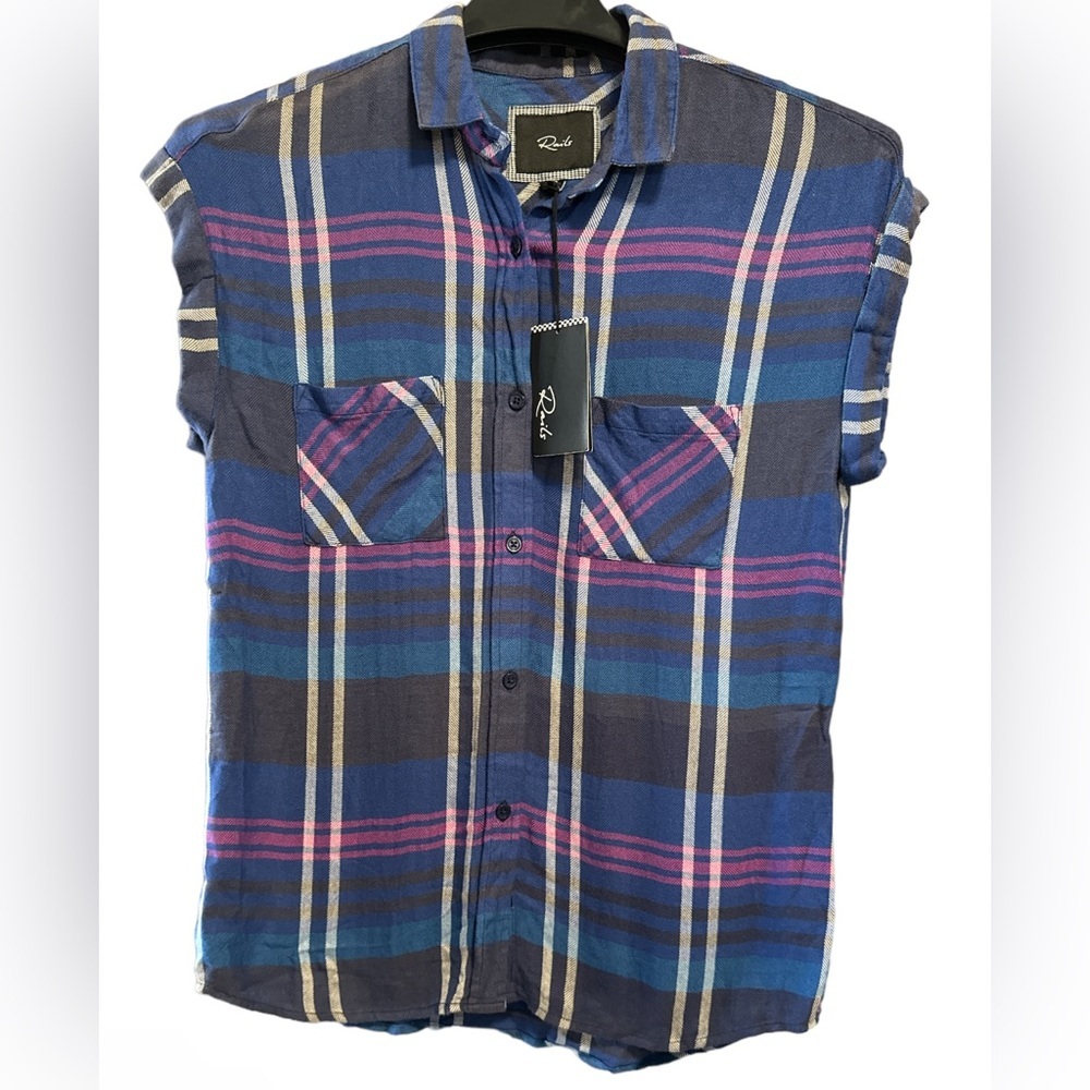 Rails Blue and Pink Mandarin Collar Button Down Shirt